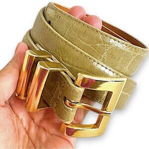 Vintage Genuine Leather Belt Beige Snakeskin textured Chunky Gold Buckle Size L